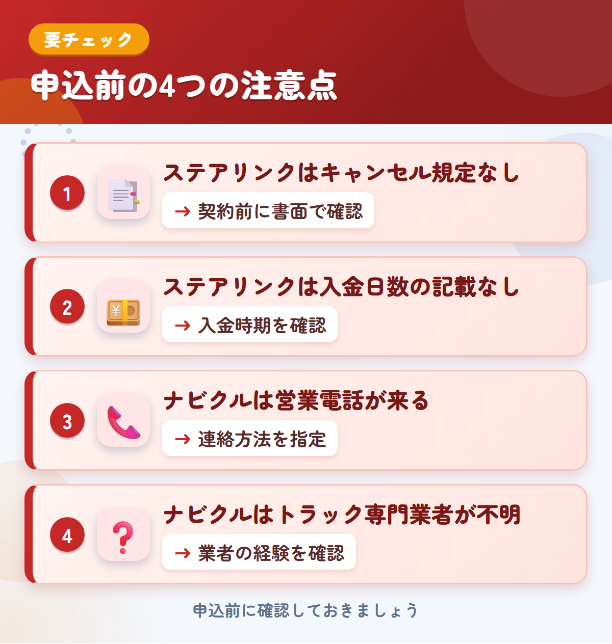 ステアリンクとナビクルの申込前の注意点4つ。ステアリンクはキャンセル規定なし、ステアリンクは入金日数の記載なし、ナビクルは営業電話が来る、ナビクルはトラック専門業者が不明
