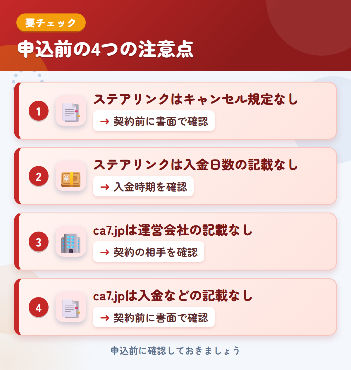 ステアリンクとca7.jpの申込前の注意点4つ。ステアリンクはキャンセル規定なし、ステアリンクは入金日数の記載なし、ca7.jpは運営会社の記載なし、ca7.jpは入金などの記載なし