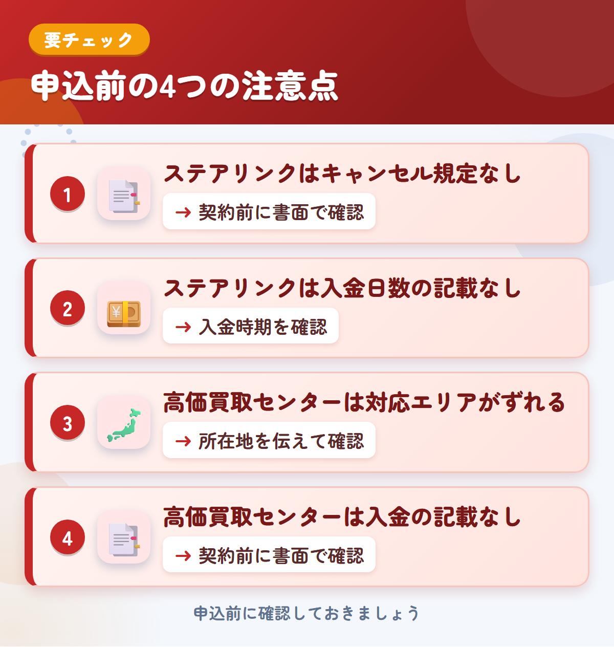 ステアリンクと高価買取センターの申込前の注意点4つ。ステアリンクはキャンセル規定なし、ステアリンクは入金日数の記載なし、高価買取センターは対応エリアがずれる、高価買取センターは入金の記載なし