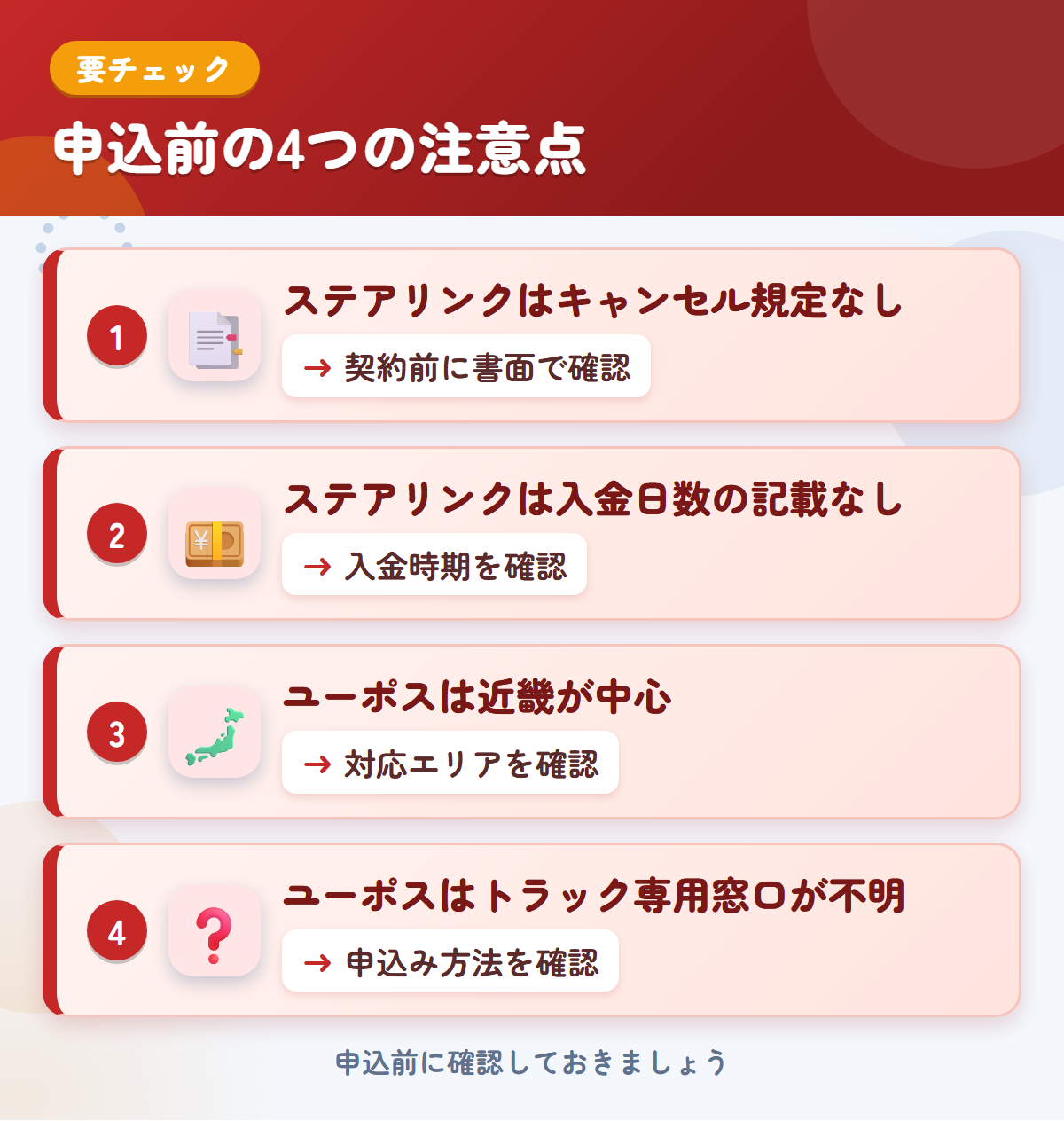 ステアリンクとユーポスの申込前の注意点4つ。ステアリンクはキャンセル規定なし、ステアリンクは入金日数の記載なし、ユーポスは近畿が中心、ユーポスはトラック専用窓口が不明