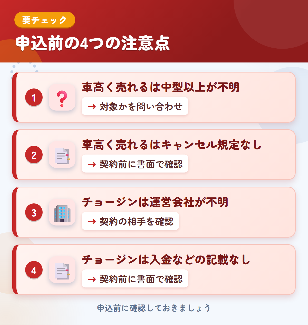 車高く売れるとチョージンの申込前の注意点4つ。車高く売れるは中型以上が不明、車高く売れるはキャンセル規定なし、チョージンは運営会社が不明、チョージンは入金などの記載なし