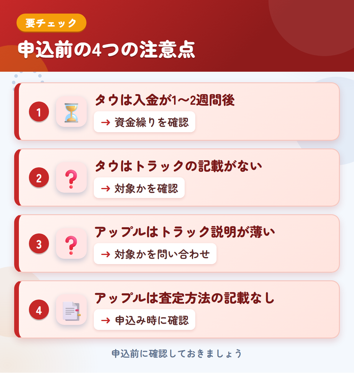タウとアップルの申込前の注意点4つ。タウは入金が1〜2週間後、タウはトラックの記載がない、アップルはトラック説明が薄い、アップルは査定方法の記載なし