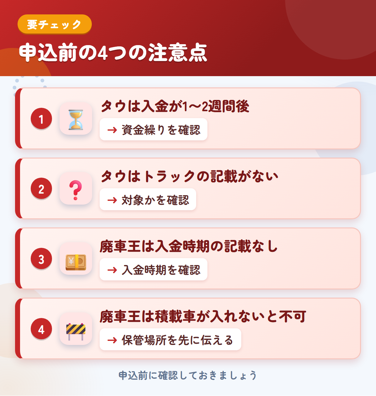 タウと廃車王の申込前の注意点4つ。タウは入金が1〜2週間後、タウはトラックの記載がない、廃車王は入金時期の記載なし、廃車王は積載車が入れないと不可