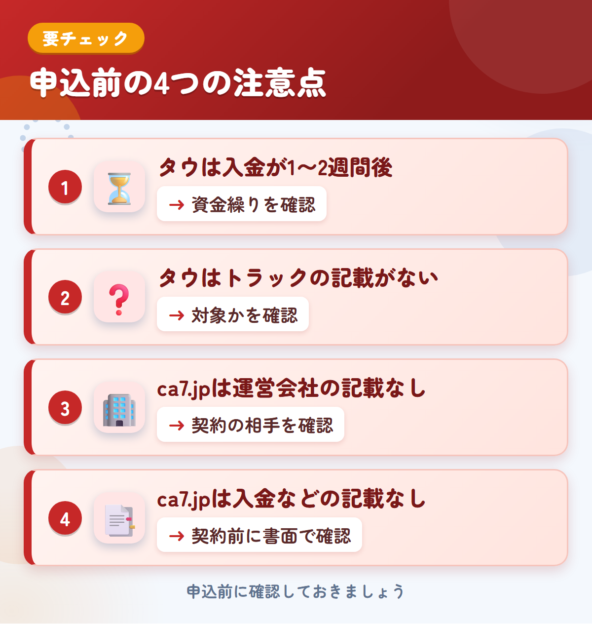 タウとca7.jpの申込前の注意点4つ。タウは入金が1〜2週間後、タウはトラックの記載がない、ca7.jpは運営会社の記載なし、ca7.jpは入金などの記載なし