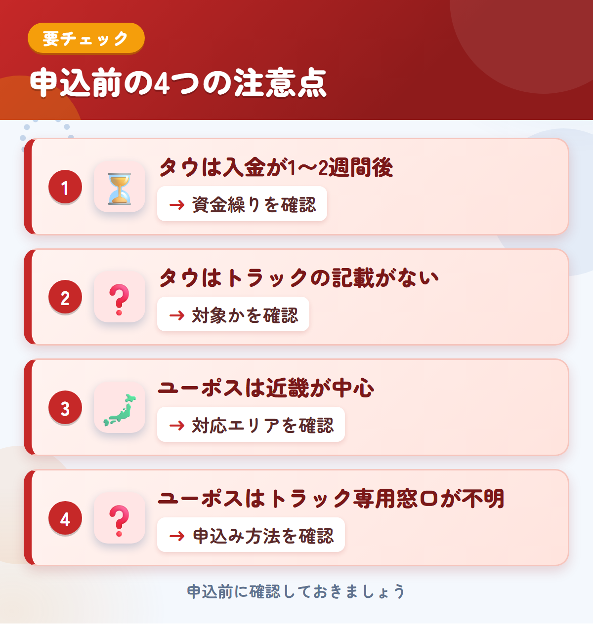 タウとユーポスの申込前の注意点4つ。タウは入金が1〜2週間後、タウはトラックの記載がない、ユーポスは近畿が中心、ユーポスはトラック専用窓口が不明