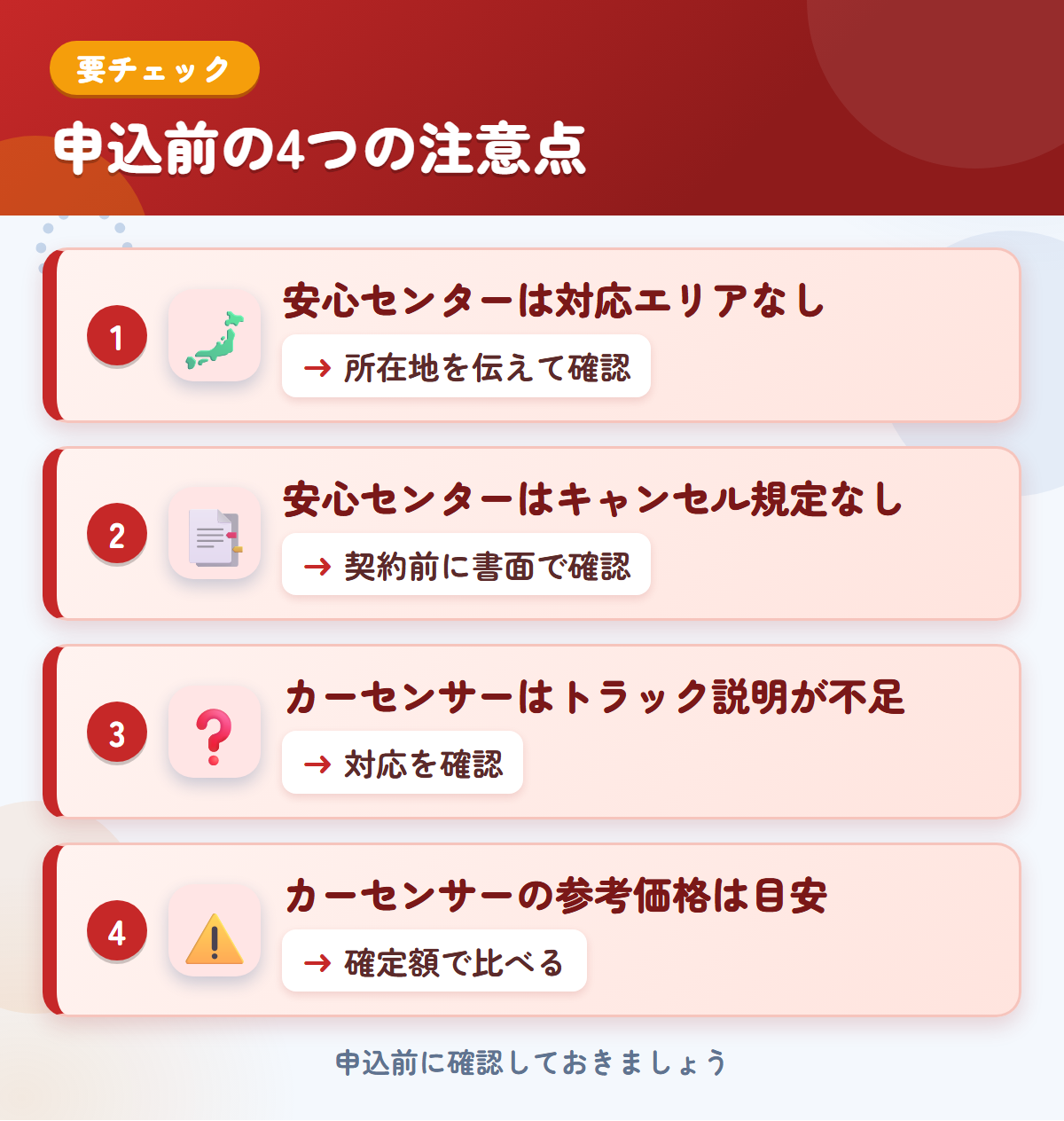 安心センターとカーセンサーの申込前の注意点4つ。安心センターは対応エリアなし、安心センターはキャンセル規定なし、カーセンサーはトラック説明が不足、カーセンサーの参考価格は目安