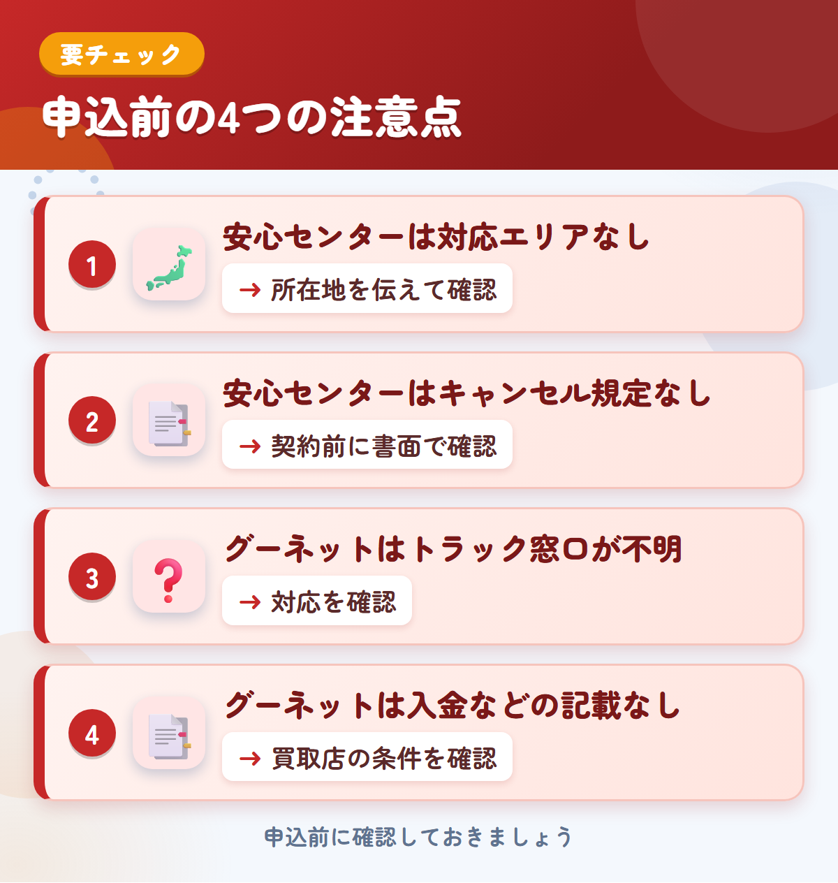安心センターとグーネットの申込前の注意点4つ。安心センターは対応エリアなし、安心センターはキャンセル規定なし、グーネットはトラック窓口が不明、グーネットは入金などの記載なし
