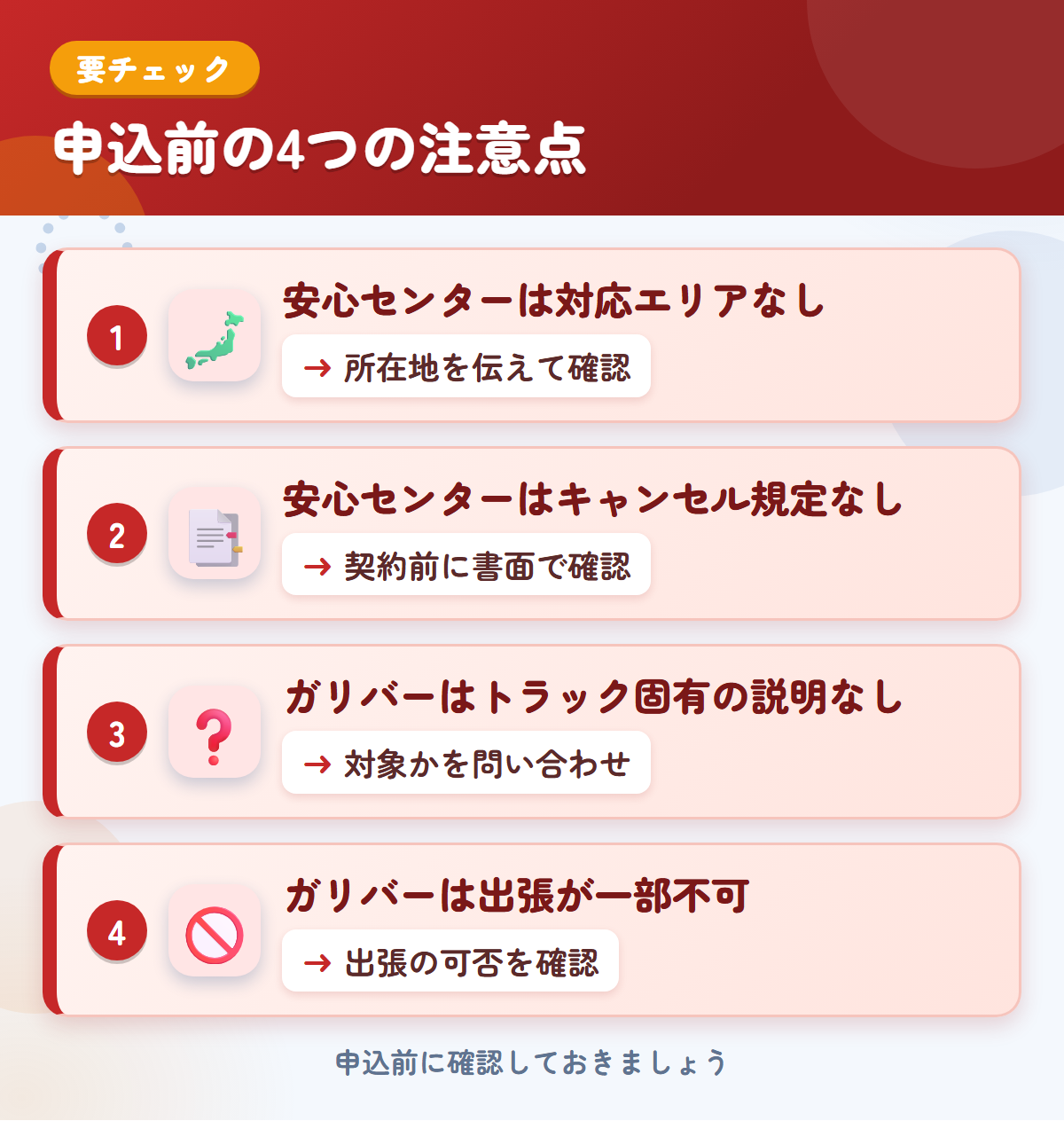 安心センターとガリバーの申込前の注意点4つ。安心センターは対応エリアなし、安心センターはキャンセル規定なし、ガリバーはトラック固有の説明なし、ガリバーは出張が一部不可