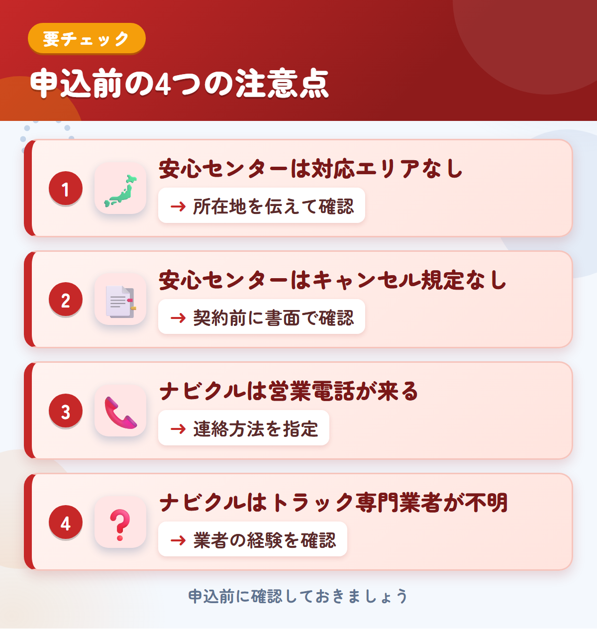 安心センターとナビクルの申込前の注意点4つ。安心センターは対応エリアなし、安心センターはキャンセル規定なし、ナビクルは営業電話が来る、ナビクルはトラック専門業者が不明