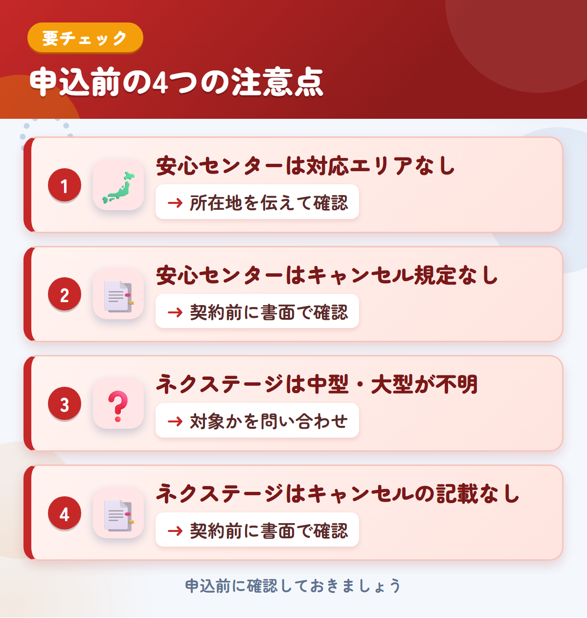 安心センターとネクステージの申込前の注意点4つ。安心センターは対応エリアなし、安心センターはキャンセル規定なし、ネクステージは中型・大型が不明、ネクステージはキャンセルの記載なし