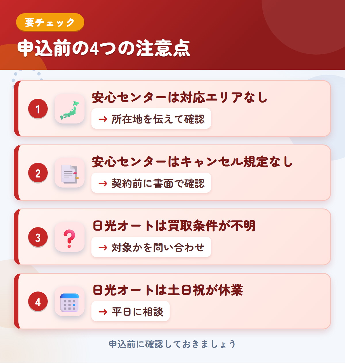 安心センターと日光オートの申込前の注意点4つ。安心センターは対応エリアなし、安心センターはキャンセル規定なし、日光オートは買取条件が不明、日光オートは土日祝が休業