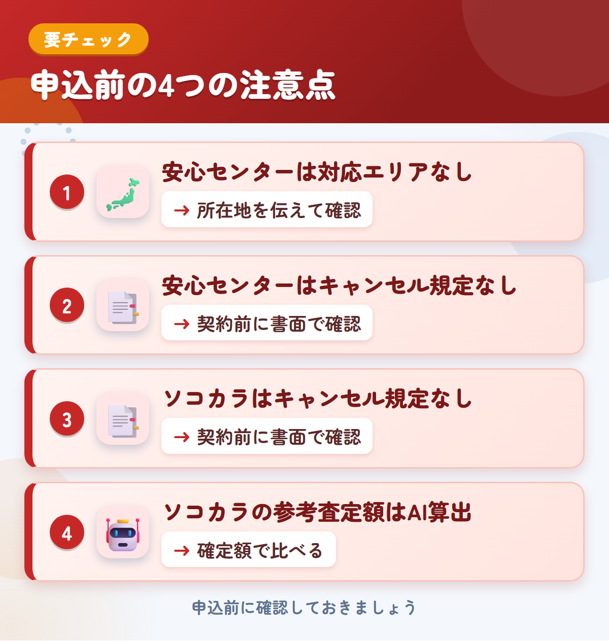 安心センターとソコカラの申込前の注意点4つ。安心センターは対応エリアなし、安心センターはキャンセル規定なし、ソコカラはキャンセル規定なし、ソコカラの参考査定額はAI算出