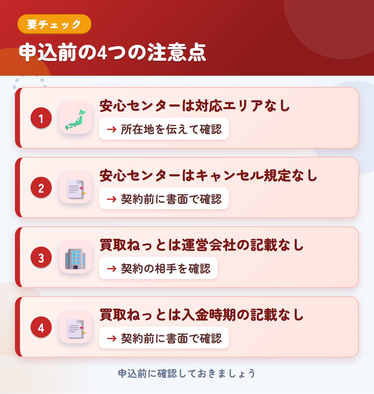 安心センターと買取ねっとの申込前の注意点4つ。安心センターは対応エリアなし、安心センターはキャンセル規定なし、買取ねっとは運営会社の記載なし、買取ねっとは入金時期の記載なし