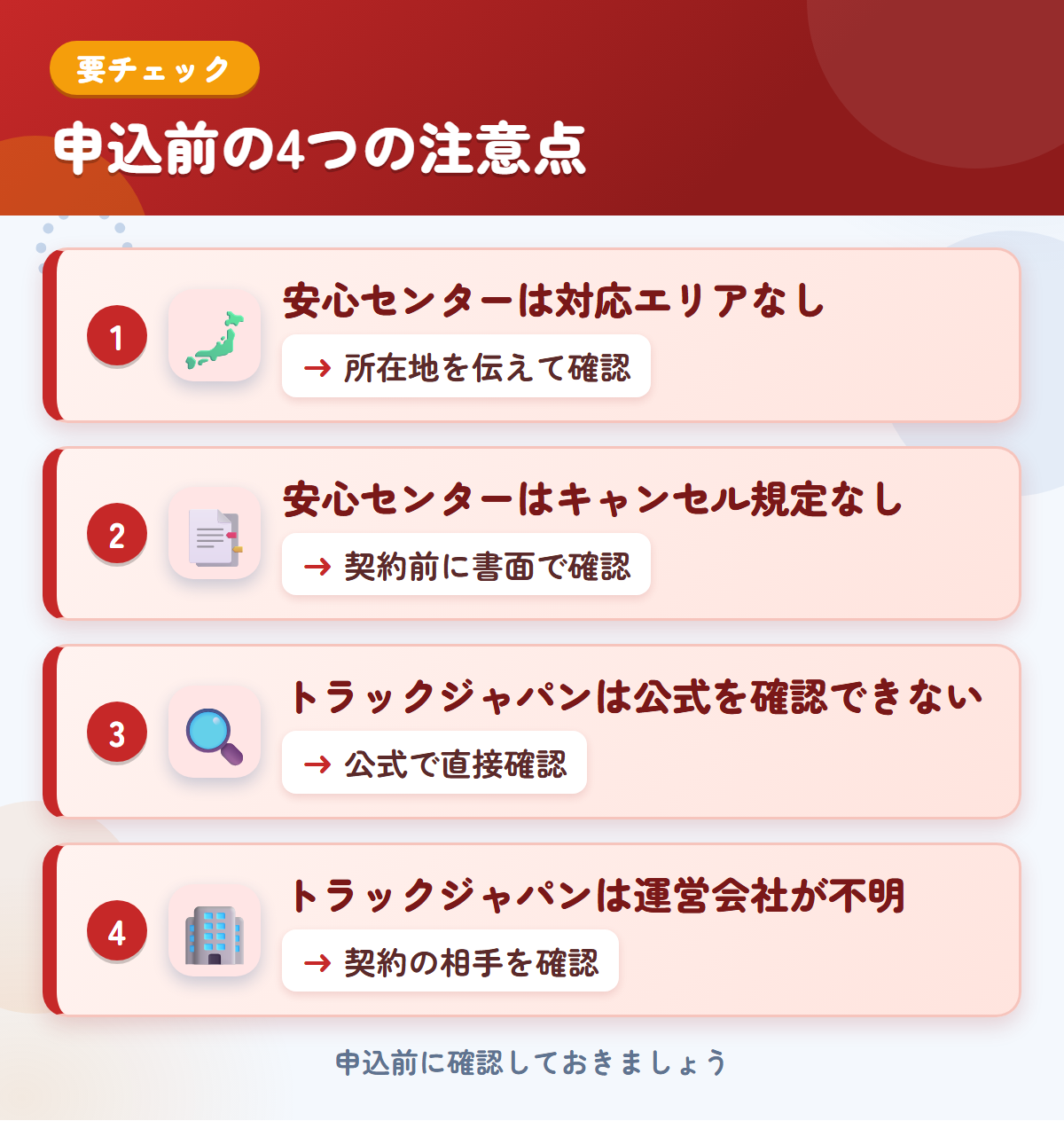 安心センターとトラックジャパンの申込前の注意点4つ。安心センターは対応エリアなし、安心センターはキャンセル規定なし、トラックジャパンは公式を確認できない、トラックジャパンは運営会社が不明