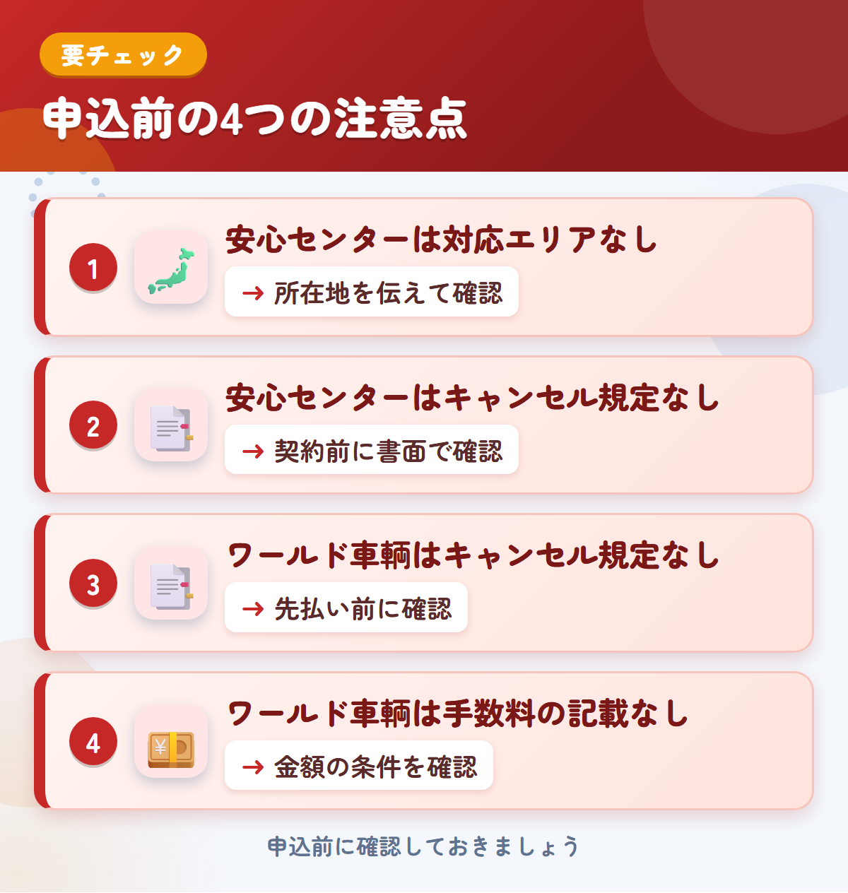 安心センターとワールド車輌の申込前の注意点4つ。安心センターは対応エリアなし、安心センターはキャンセル規定なし、ワールド車輌はキャンセル規定なし、ワールド車輌は手数料の記載なし