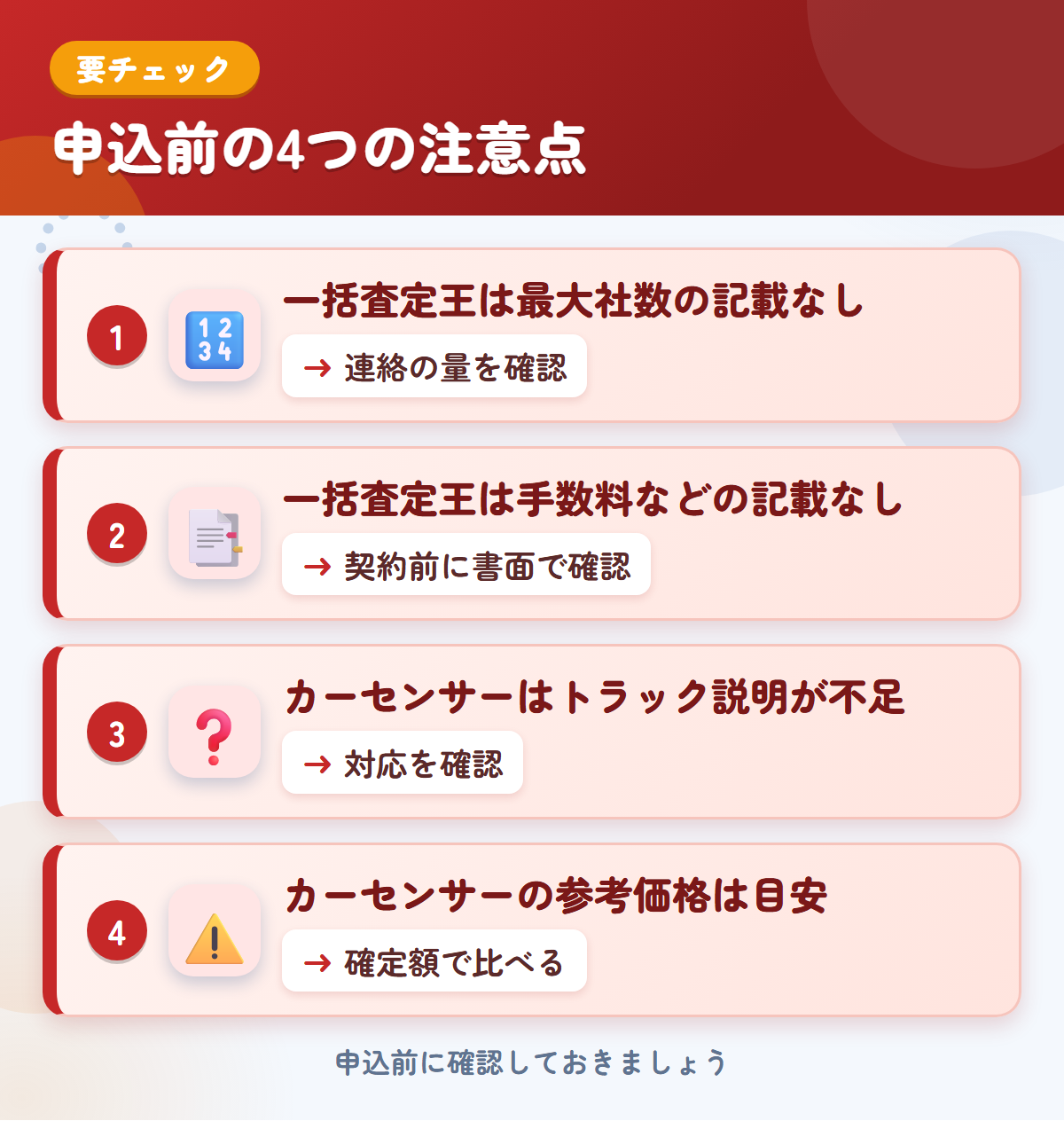 一括査定王とカーセンサーの申込前の注意点4つ。一括査定王は最大社数の記載なし、一括査定王は手数料などの記載なし、カーセンサーはトラック説明が不足、カーセンサーの参考価格は目安
