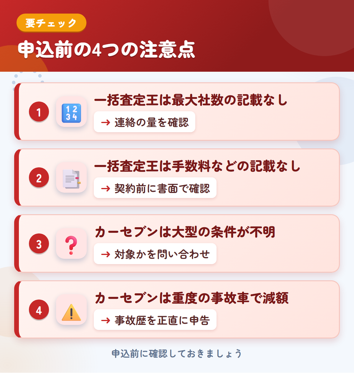一括査定王とカーセブンの申込前の注意点4つ。一括査定王は最大社数の記載なし、一括査定王は手数料などの記載なし、カーセブンは大型の条件が不明、カーセブンは重度の事故車で減額