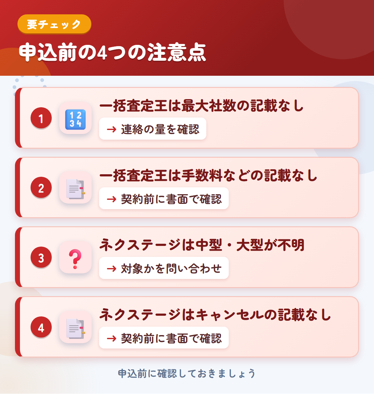 一括査定王とネクステージの申込前の注意点4つ。一括査定王は最大社数の記載なし、一括査定王は手数料などの記載なし、ネクステージは中型・大型が不明、ネクステージはキャンセルの記載なし