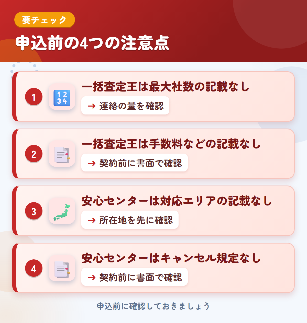 トラック一括査定王とトラック買取安心センターの申込前の注意点4つ。一括査定王は最大社数と手数料などの記載なし、安心センターは対応エリアとキャンセル規定の記載なし