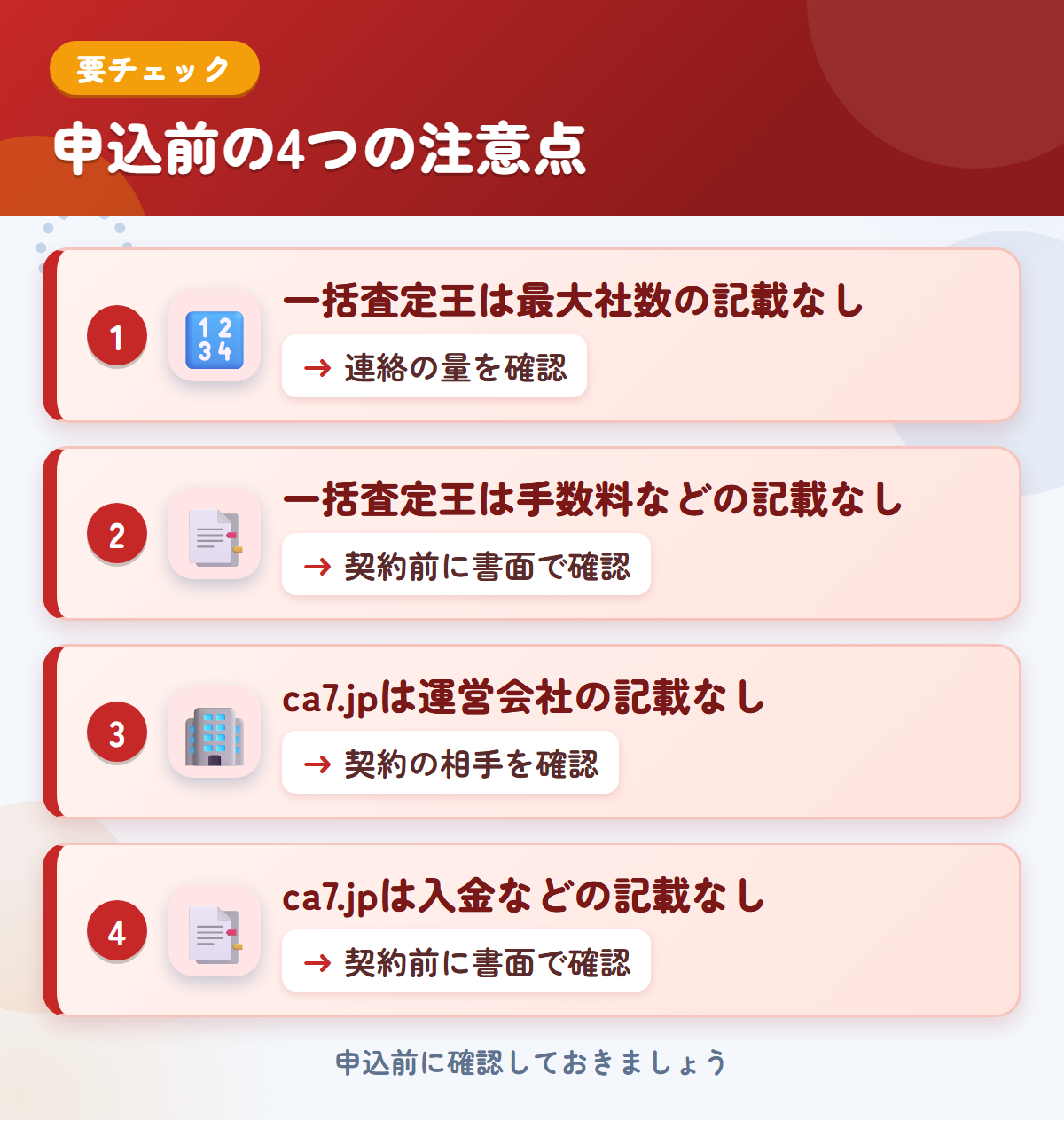 一括査定王とca7.jpの申込前の注意点4つ。一括査定王は最大社数の記載なし、一括査定王は手数料などの記載なし、ca7.jpは運営会社の記載なし、ca7.jpは入金などの記載なし