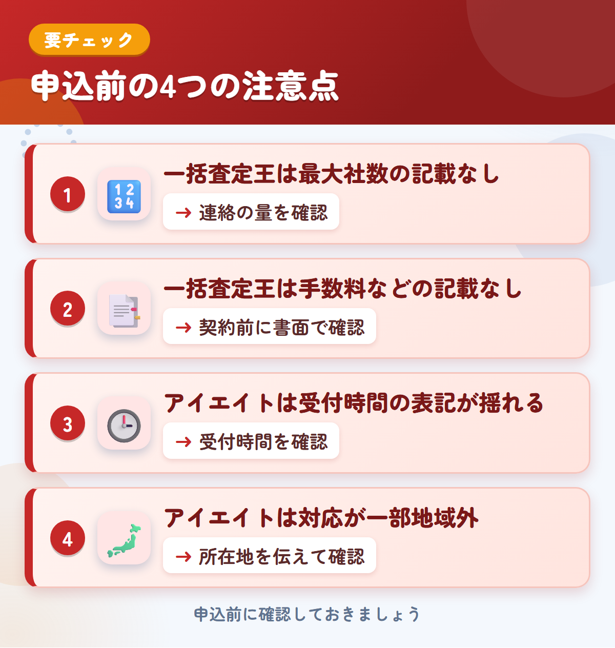 一括査定王とアイエイトの申込前の注意点4つ。一括査定王は最大社数の記載なし、一括査定王は手数料などの記載なし、アイエイトは受付時間の表記が揺れる、アイエイトは対応が一部地域外