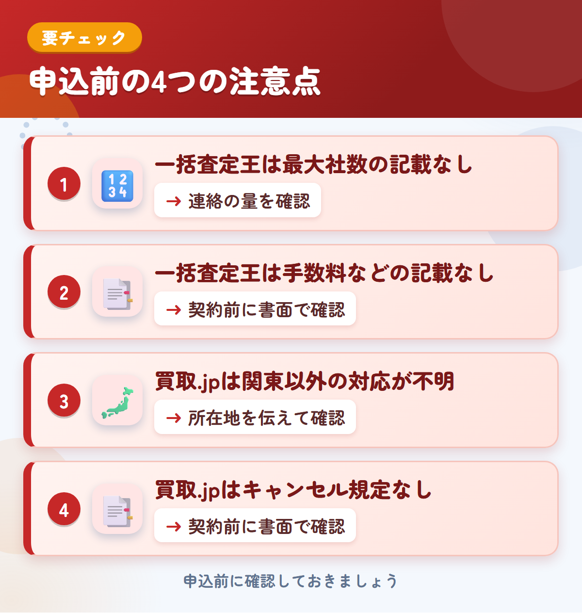 一括査定王と買取.jpの申込前の注意点4つ。一括査定王は最大社数の記載なし、一括査定王は手数料などの記載なし、買取.jpは関東以外の対応が不明、買取.jpはキャンセル規定なし