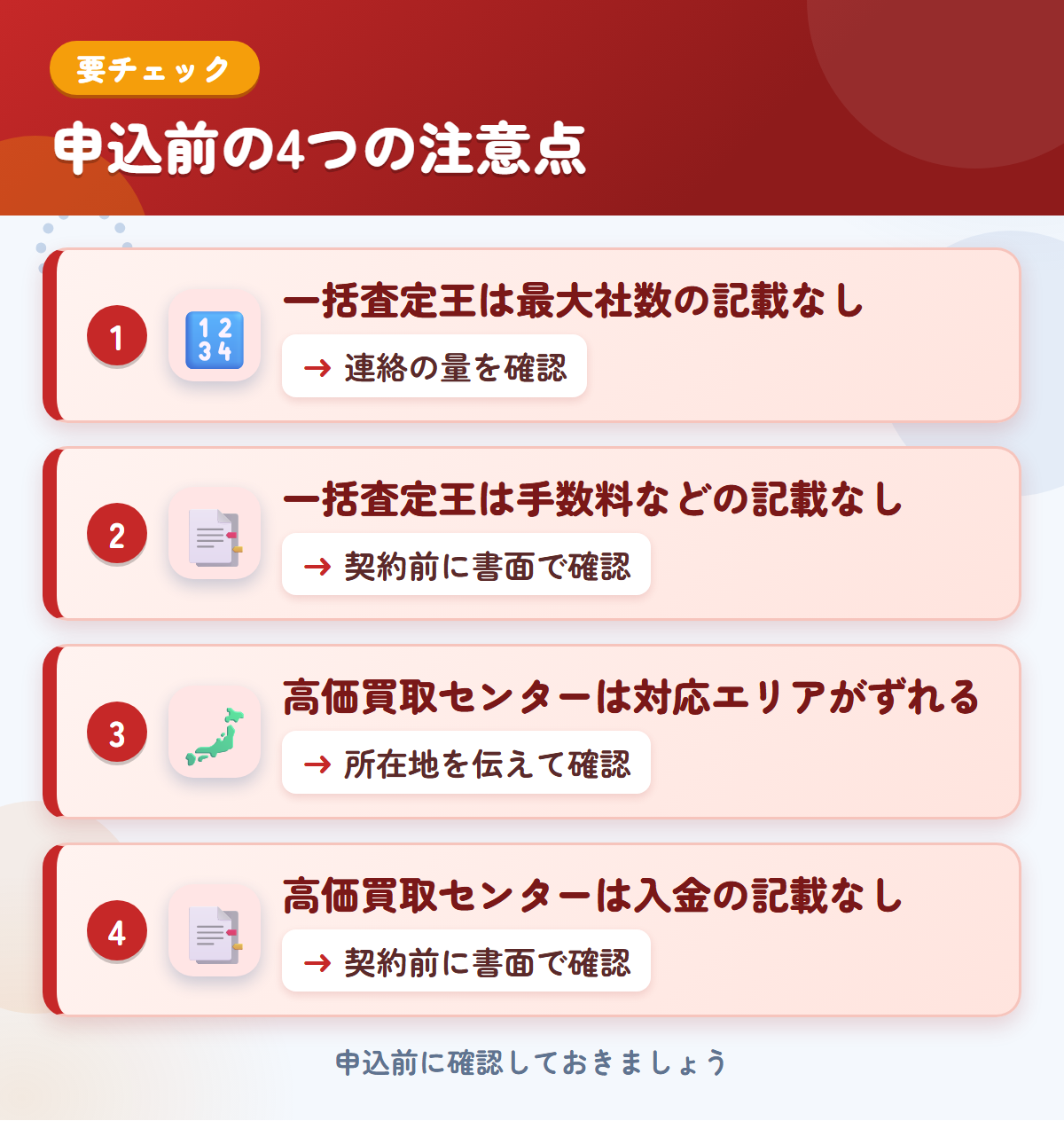 一括査定王と高価買取センターの申込前の注意点4つ。一括査定王は最大社数の記載なし、一括査定王は手数料などの記載なし、高価買取センターは対応エリアがずれる、高価買取センターは入金の記載なし
