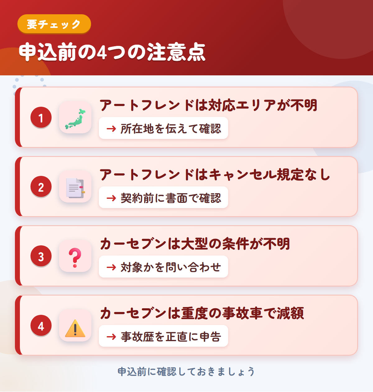 アートフレンドとカーセブンの申込前の注意点4つ。アートフレンドは対応エリアが不明、アートフレンドはキャンセル規定なし、カーセブンは大型の条件が不明、カーセブンは重度の事故車で減額