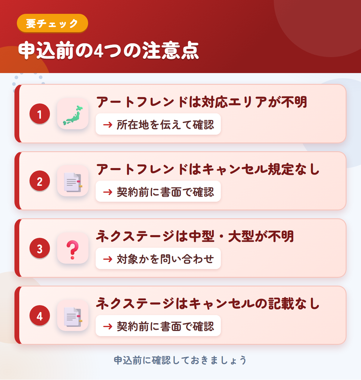 アートフレンドとネクステージの申込前の注意点4つ。アートフレンドは対応エリアが不明、アートフレンドはキャンセル規定なし、ネクステージは中型・大型が不明、ネクステージはキャンセルの記載なし
