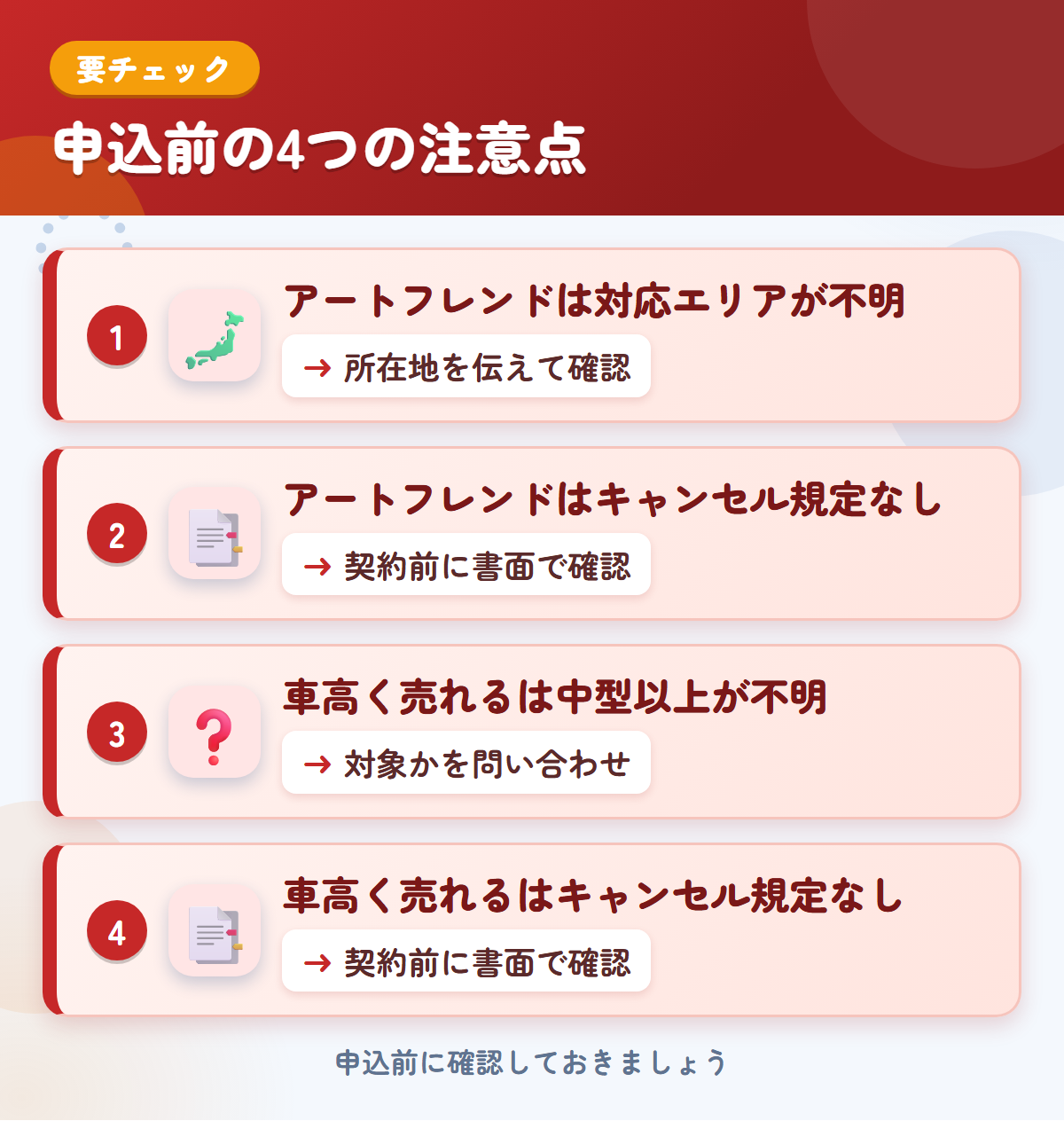 アートフレンドと車高く売れるの申込前の注意点4つ。アートフレンドは対応エリアが不明、アートフレンドはキャンセル規定なし、車高く売れるは中型以上が不明、車高く売れるはキャンセル規定なし
