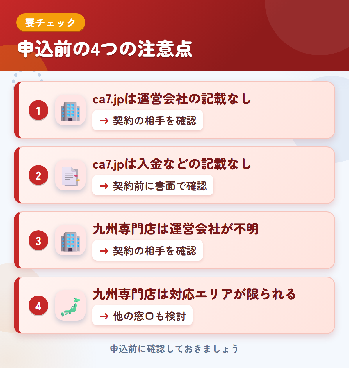 ca7.jpと九州専門店の申込前の注意点4つ。ca7.jpは運営会社の記載なし、ca7.jpは入金などの記載なし、九州専門店は運営会社が不明、九州専門店は対応エリアが限られる