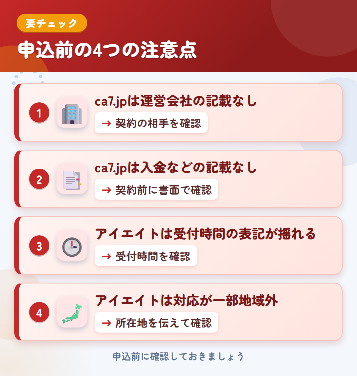 ca7.jpとアイエイトの申込前の注意点4つ。ca7.jpは運営会社の記載なし、ca7.jpは入金などの記載なし、アイエイトは受付時間の表記が揺れる、アイエイトは対応が一部地域外