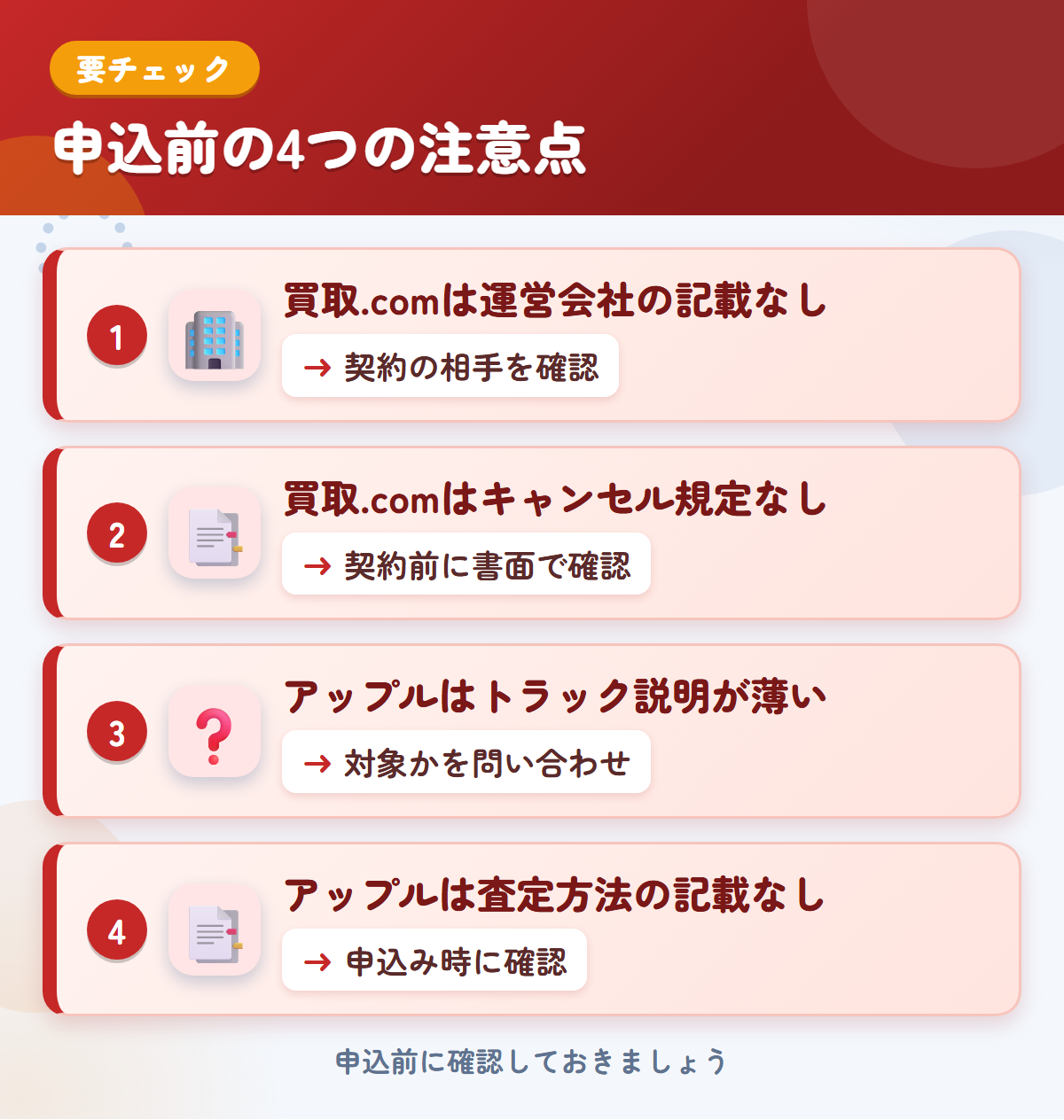 トラック買取.comとアップルの申込前の注意点4つ。買取.comは運営会社の記載なし、買取.comはキャンセル規定なし、アップルはトラック説明が薄い、アップルは査定方法の記載なし
