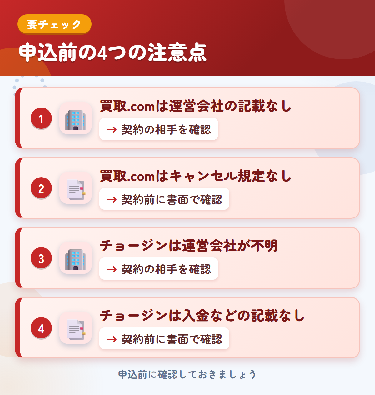 トラック買取.comとチョージンの申込前の注意点4つ。買取.comは運営会社の記載なし、買取.comはキャンセル規定なし、チョージンは運営会社が不明、チョージンは入金などの記載なし