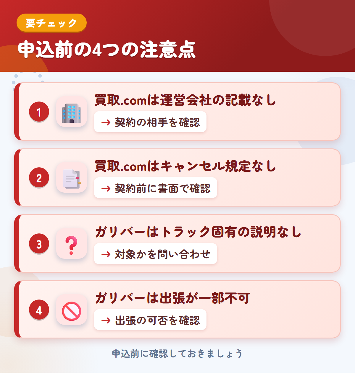 トラック買取.comとガリバーの申込前の注意点4つ。買取.comは運営会社の記載なし、買取.comはキャンセル規定なし、ガリバーはトラック固有の説明なし、ガリバーは出張が一部不可