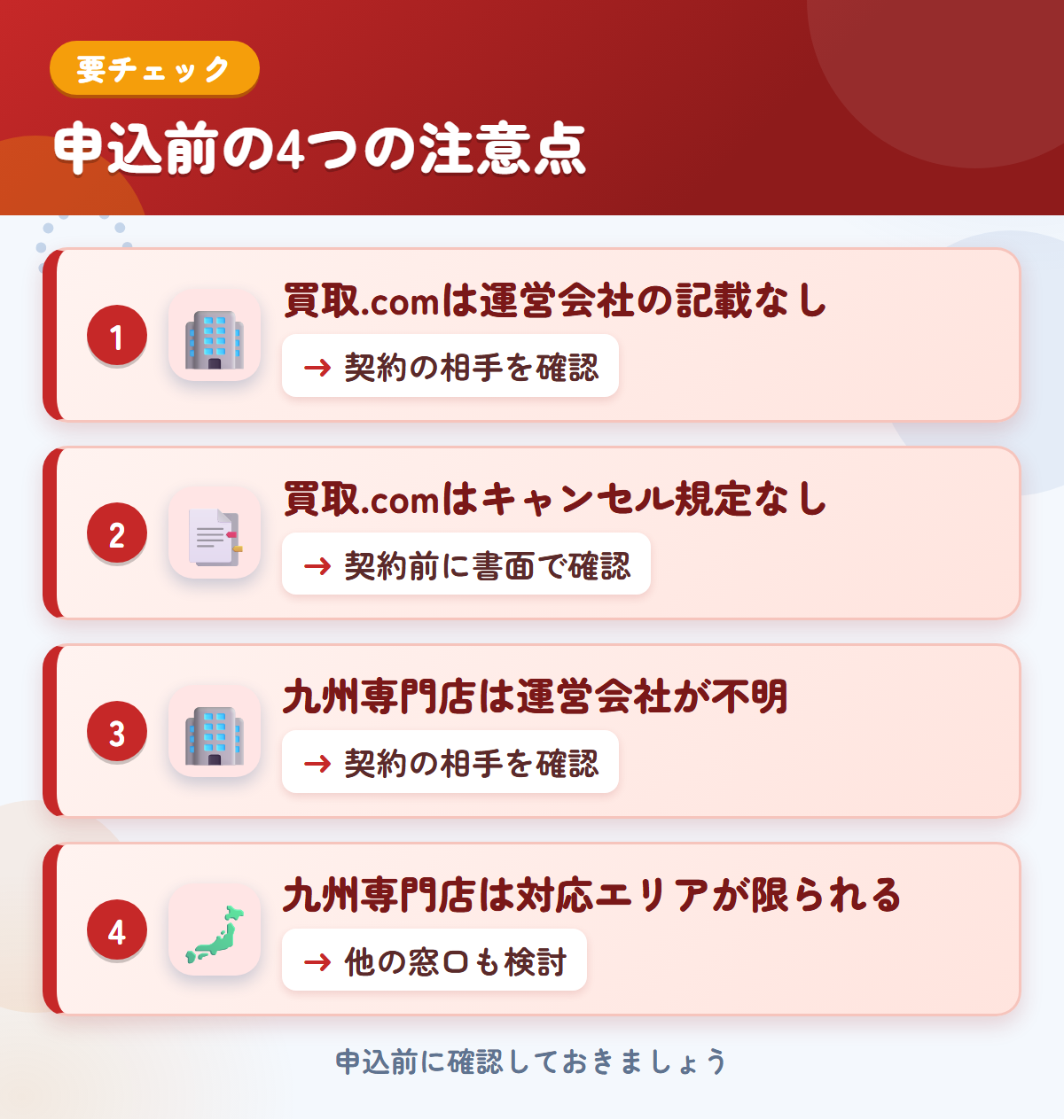 トラック買取.comと九州専門店の申込前の注意点4つ。買取.comは運営会社の記載なし、買取.comはキャンセル規定なし、九州専門店は運営会社が不明、九州専門店は対応エリアが限られる