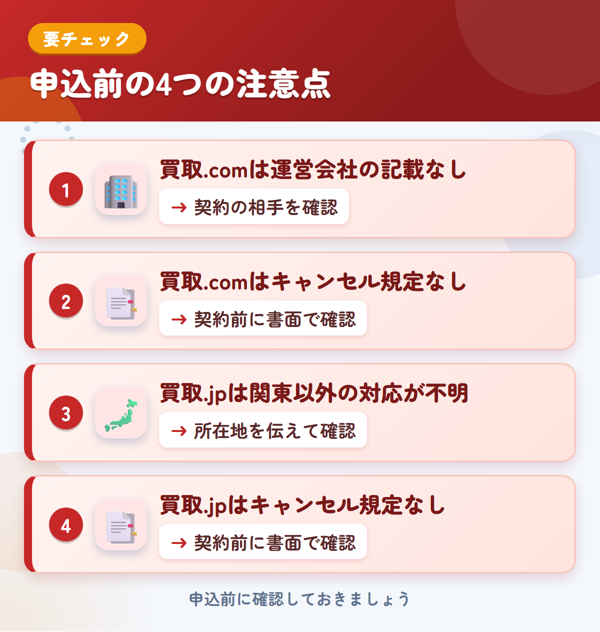 トラック買取.comと買取.jpの申込前の注意点4つ。買取.comは運営会社の記載なし、買取.comはキャンセル規定なし、買取.jpは関東以外の対応が不明、買取.jpはキャンセル規定なし