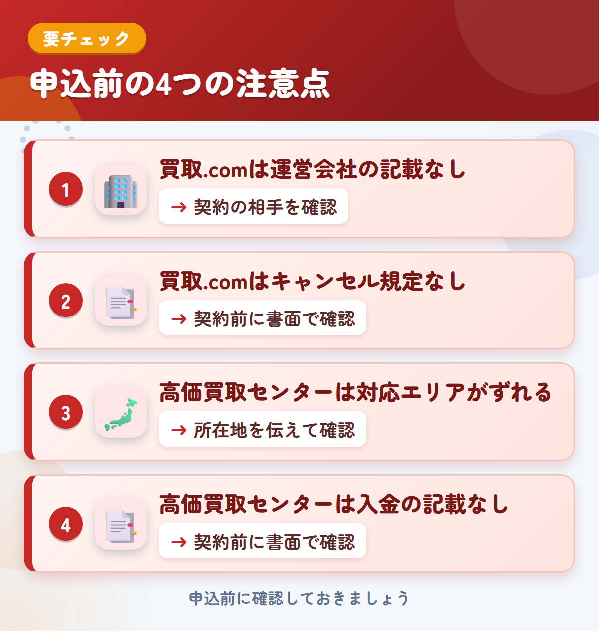 トラック買取.comと高価買取センターの申込前の注意点4つ。買取.comは運営会社の記載なし、買取.comはキャンセル規定なし、高価買取センターは対応エリアがずれる、高価買取センターは入金の記載なし