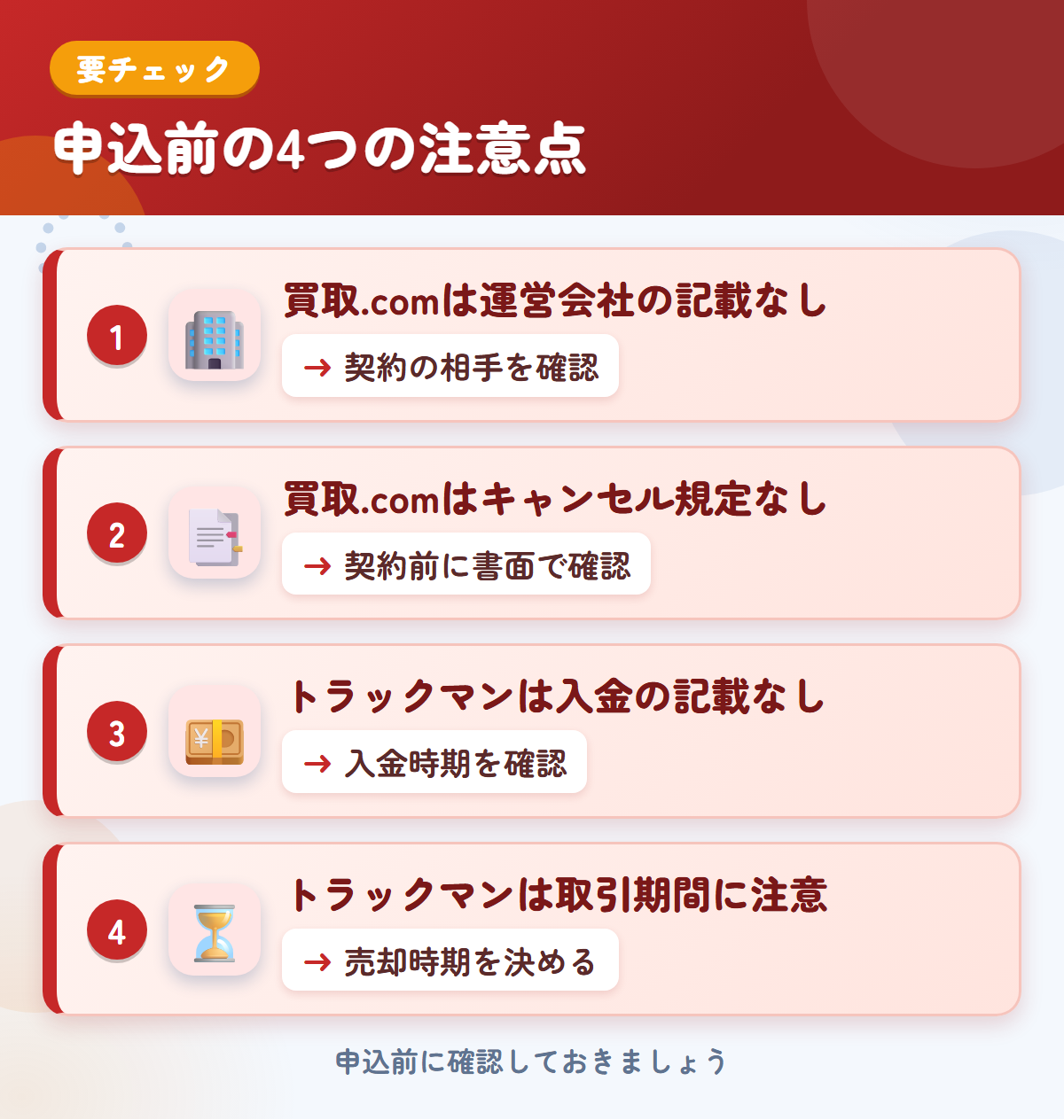 トラック買取.comとトラックマンの申込前の注意点4つ。買取.comは運営会社の記載なし、買取.comはキャンセル規定なし、トラックマンは入金の記載なし、トラックマンは取引期間に注意