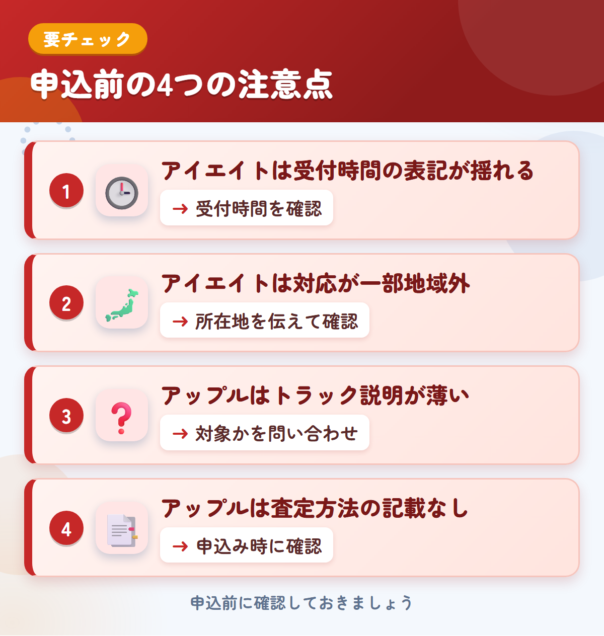 アイエイトとアップルの申込前の注意点4つ。アイエイトは受付時間の表記が揺れる、アイエイトは対応が一部地域外、アップルはトラック説明が薄い、アップルは査定方法の記載なし