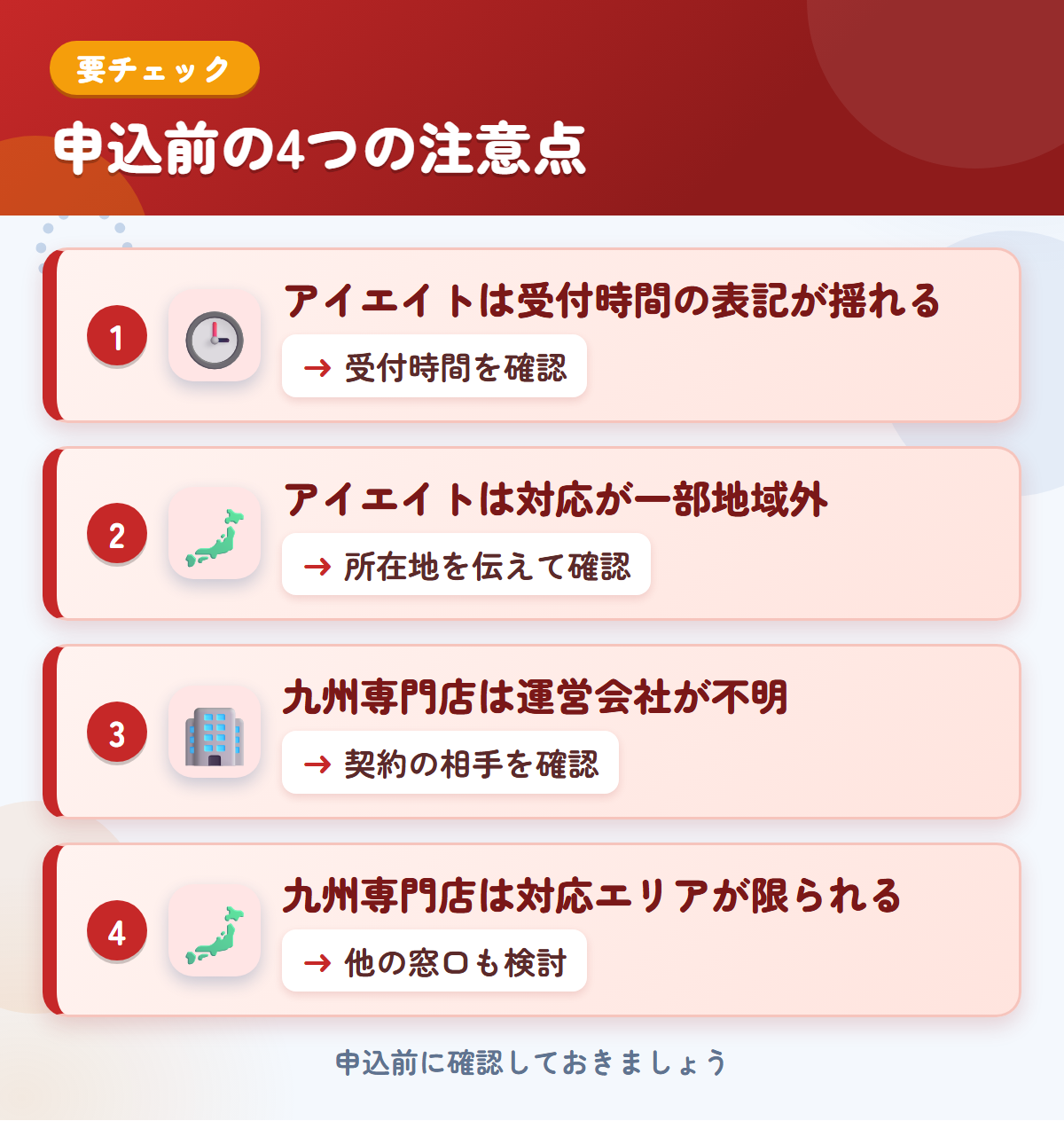 アイエイトと九州専門店の申込前の注意点4つ。アイエイトは受付時間の表記が揺れる、アイエイトは対応が一部地域外、九州専門店は運営会社が不明、九州専門店は対応エリアが限られる