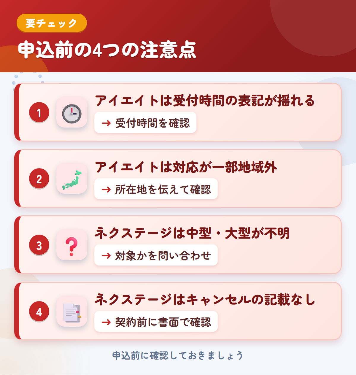 アイエイトとネクステージの申込前の注意点4つ。アイエイトは受付時間の表記が揺れる、アイエイトは対応が一部地域外、ネクステージは中型・大型が不明、ネクステージはキャンセルの記載なし