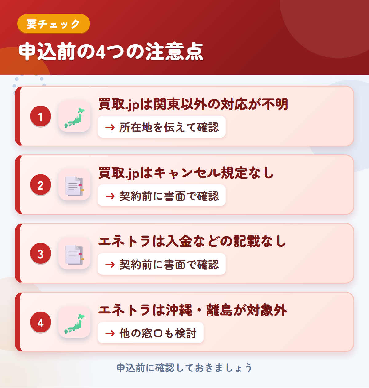 買取.jpとエネトラの申込前の注意点4つ。買取.jpは関東以外の対応が不明、買取.jpはキャンセル規定なし、エネトラは入金などの記載なし、エネトラは沖縄・離島が対象外