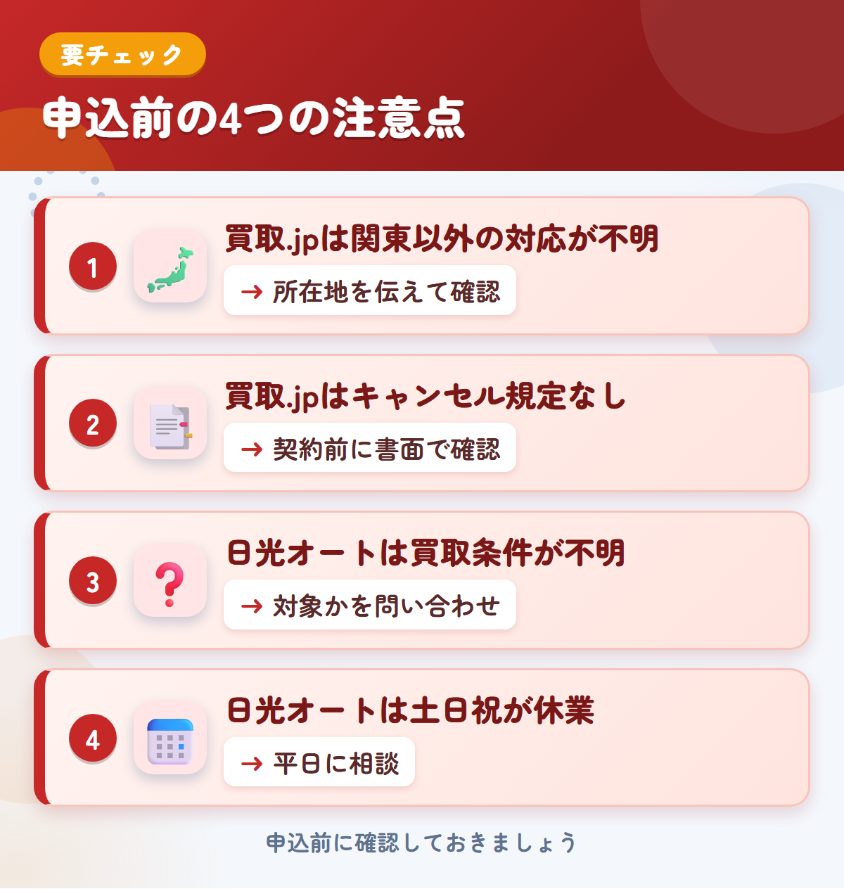 買取.jpと日光オートの申込前の注意点4つ。買取.jpは関東以外の対応が不明、買取.jpはキャンセル規定なし、日光オートは買取条件が不明、日光オートは土日祝が休業