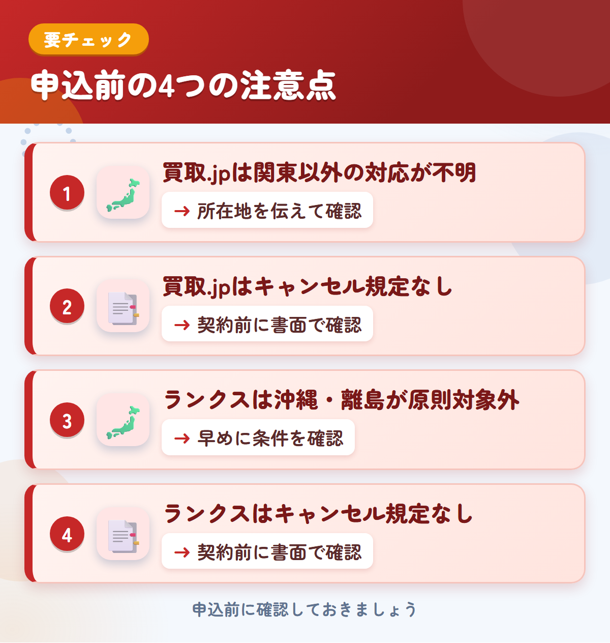 買取.jpとランクスの申込前の注意点4つ。買取.jpは関東以外の対応が不明、買取.jpはキャンセル規定なし、ランクスは沖縄・離島が原則対象外、ランクスはキャンセル規定なし
