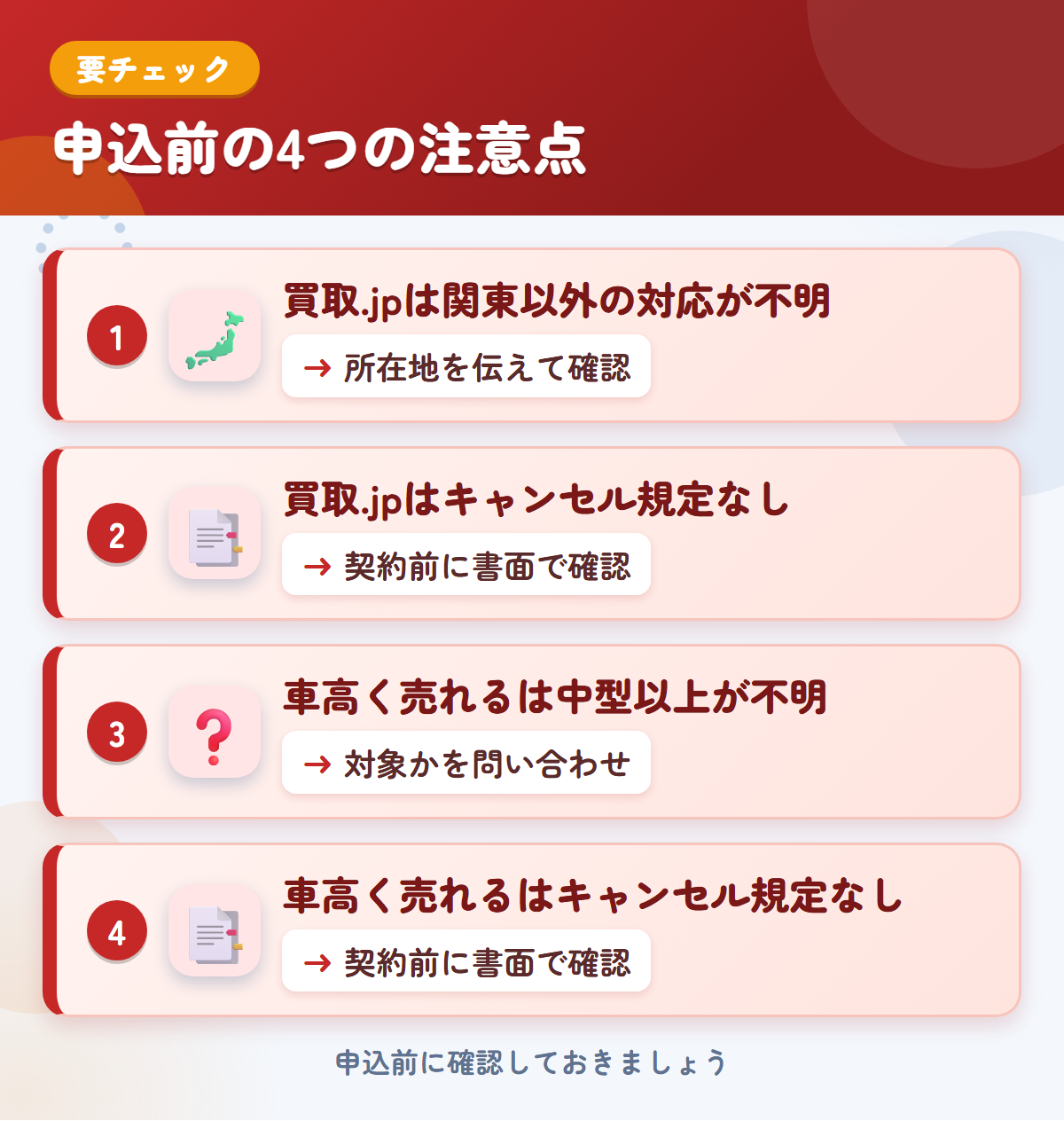 買取.jpと車高く売れるの申込前の注意点4つ。買取.jpは関東以外の対応が不明、買取.jpはキャンセル規定なし、車高く売れるは中型以上が不明、車高く売れるはキャンセル規定なし