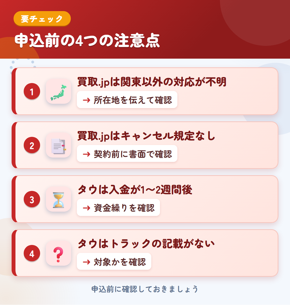 買取.jpとタウの申込前の注意点4つ。買取.jpは関東以外の対応が不明、買取.jpはキャンセル規定なし、タウは入金が1〜2週間後、タウはトラックの記載がない