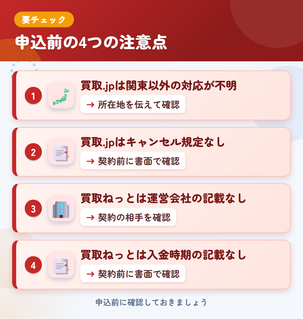 買取.jpと買取ねっとの申込前の注意点4つ。買取.jpは関東以外の対応が不明、買取.jpはキャンセル規定なし、買取ねっとは運営会社の記載なし、買取ねっとは入金時期の記載なし