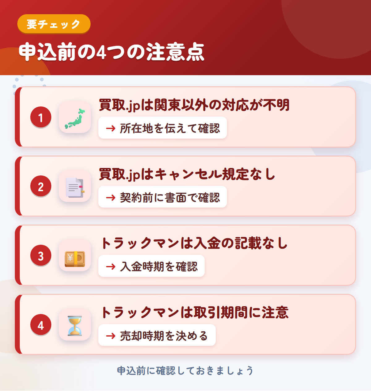 買取.jpとトラックマンの申込前の注意点4つ。買取.jpは関東以外の対応が不明、買取.jpはキャンセル規定なし、トラックマンは入金の記載なし、トラックマンは取引期間に注意