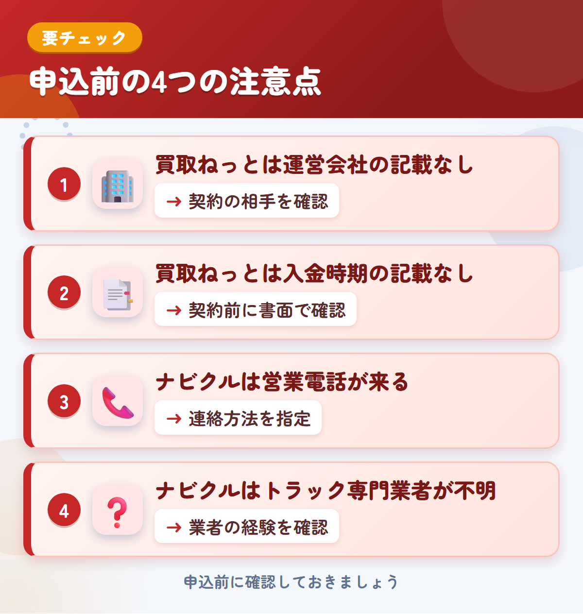 買取ねっととナビクルの申込前の注意点4つ。買取ねっとは運営会社の記載なし、買取ねっとは入金時期の記載なし、ナビクルは営業電話が来る、ナビクルはトラック専門業者が不明